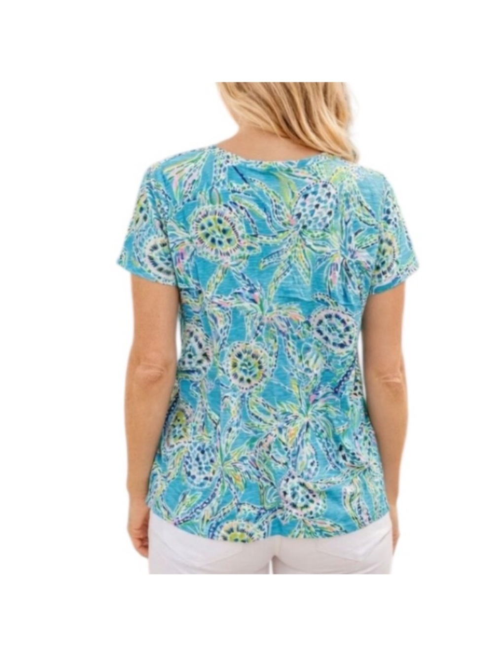 Lilly Pulitzer Bermuda Blue Turtle Etta V Neck Top M - Picture 2 of 7